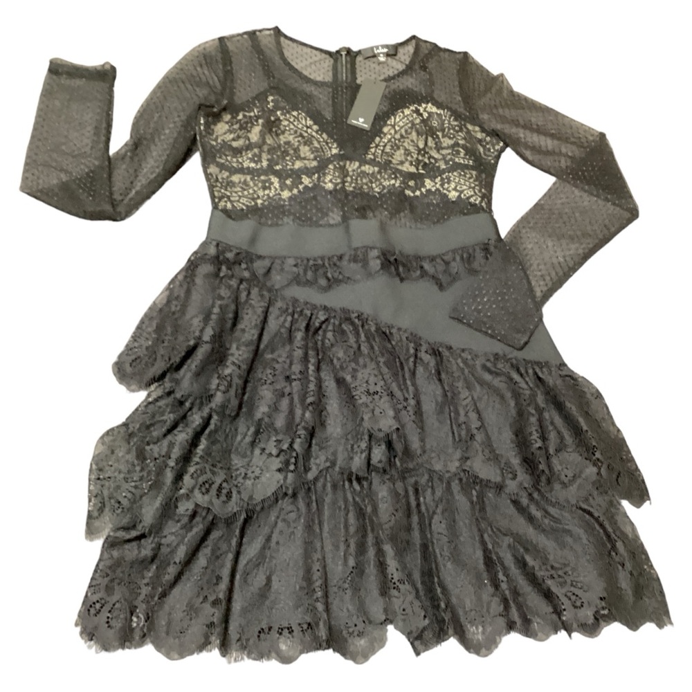 Lulus Womens Black Long Sleeves Full Zip Crew Neck Lace Tiered Ruffle Dress Sz M